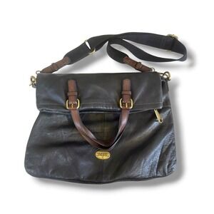 Fossil Explorer Leather Tote Black  Foldover Messenger Bag Crossbody Large  Boho